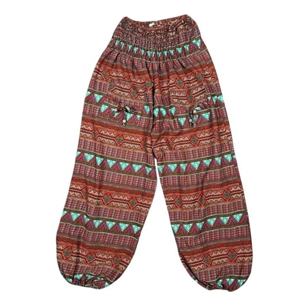 Boho Tribal Print Smocked Harem Pants Red‎ Teal Geometric Festival Yoga India